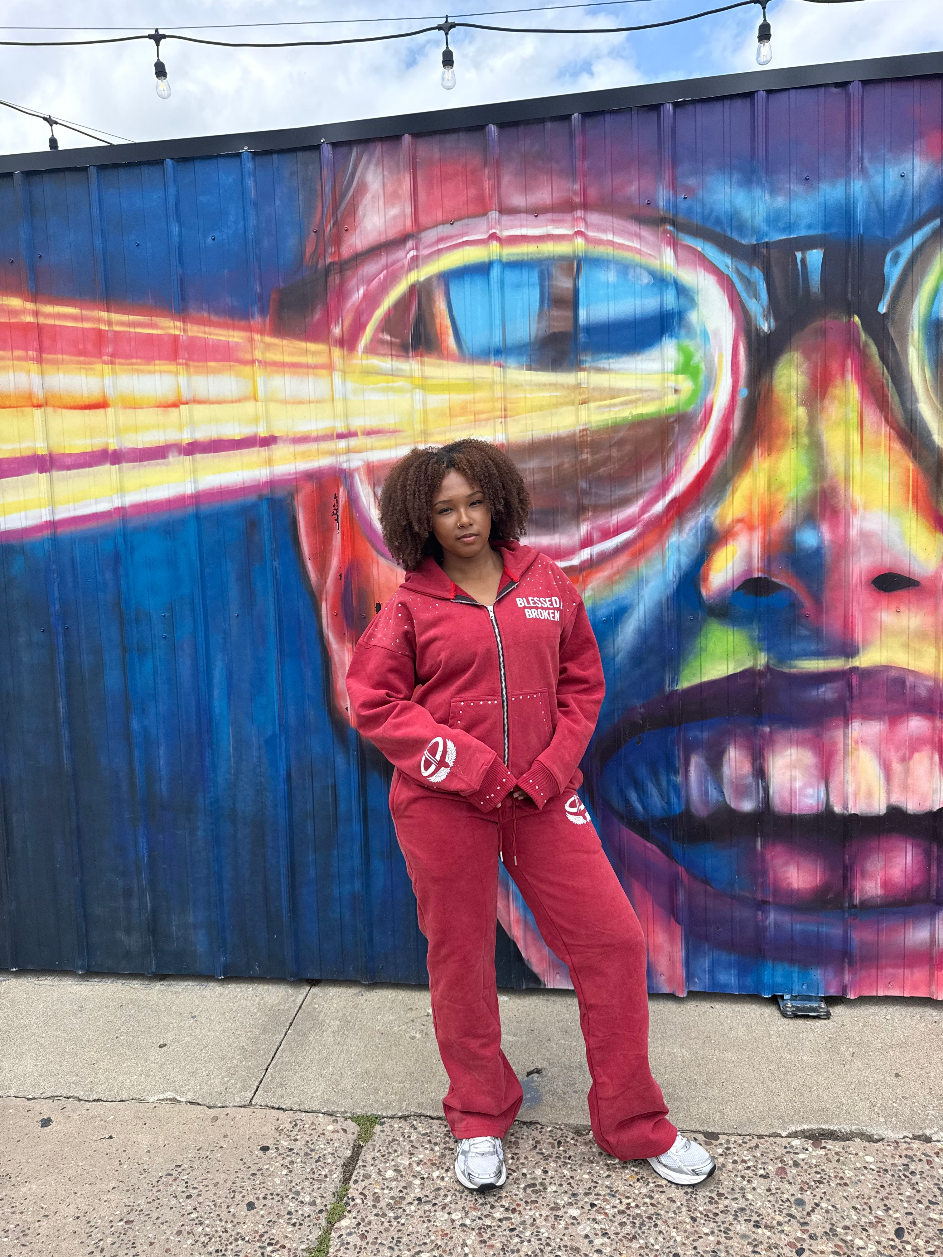 Red zip up jacket and sweats set